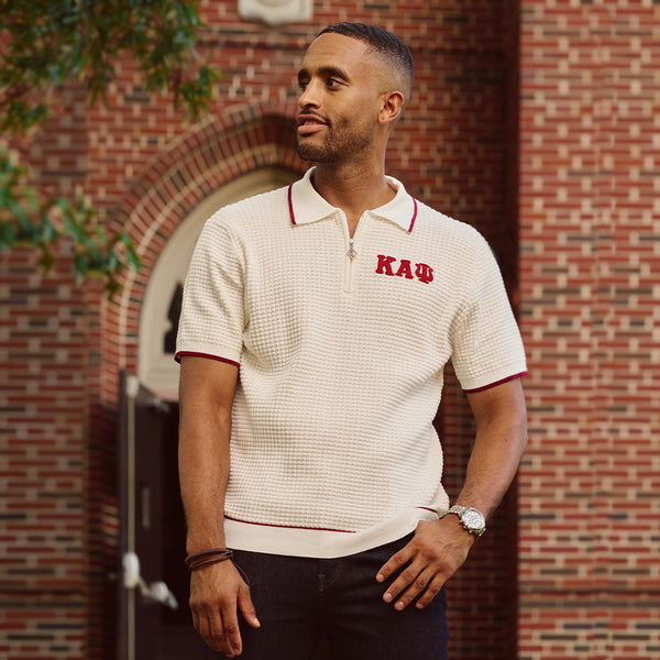 Kappa Alpha Psi Greek Letter Waffle Knit Zip Polo (Cream)