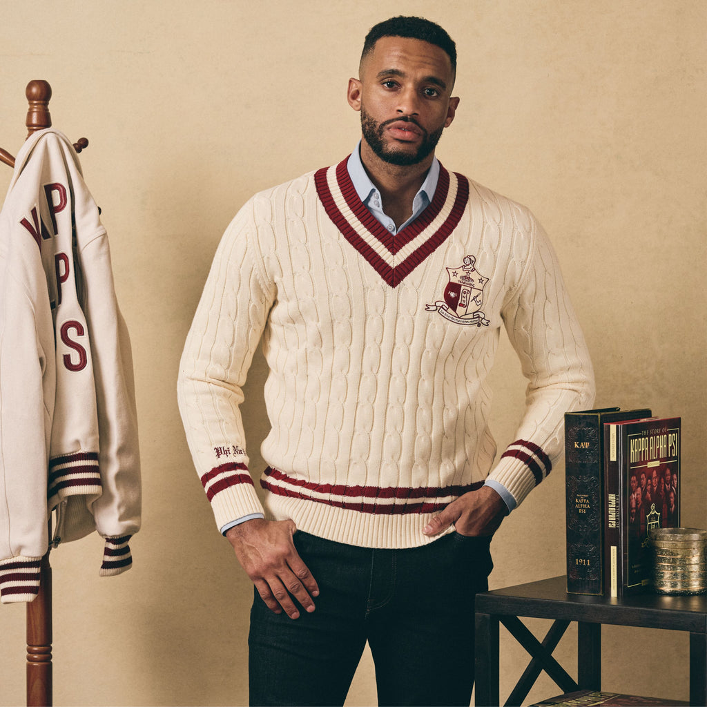 Kappa Alpha Psi V-neck Cable-Knit Sweater (Cream)