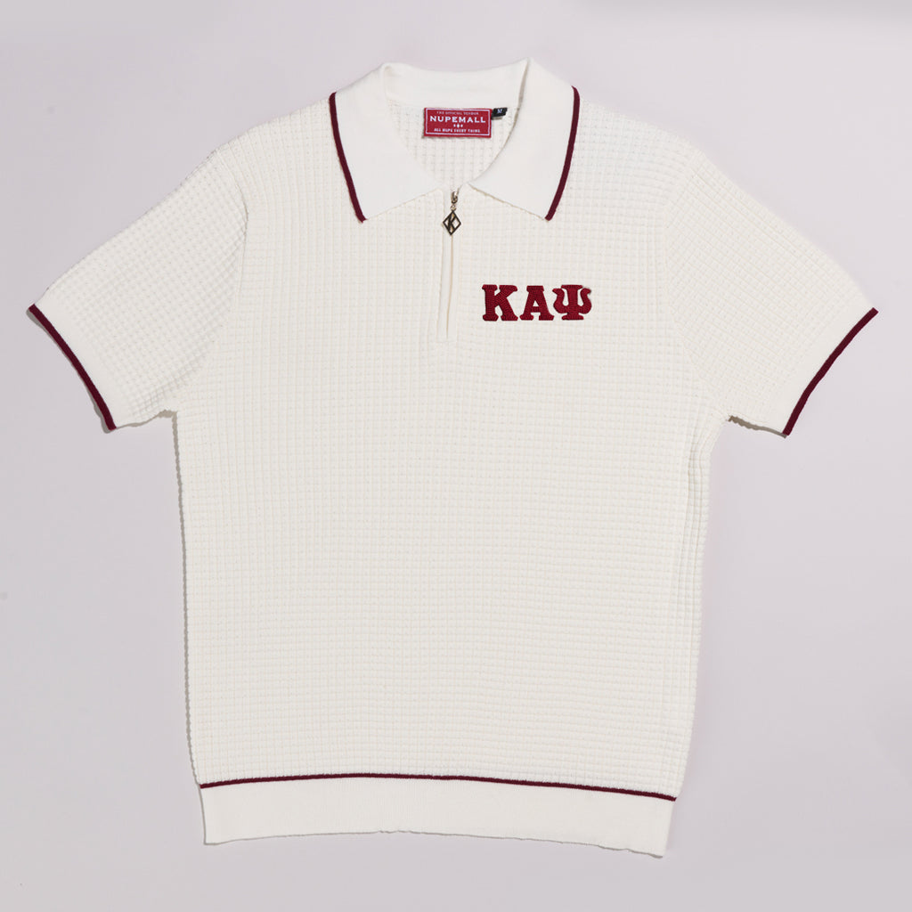 Kappa Alpha Psi Greek Letter Waffle Knit Zip Polo (Cream)