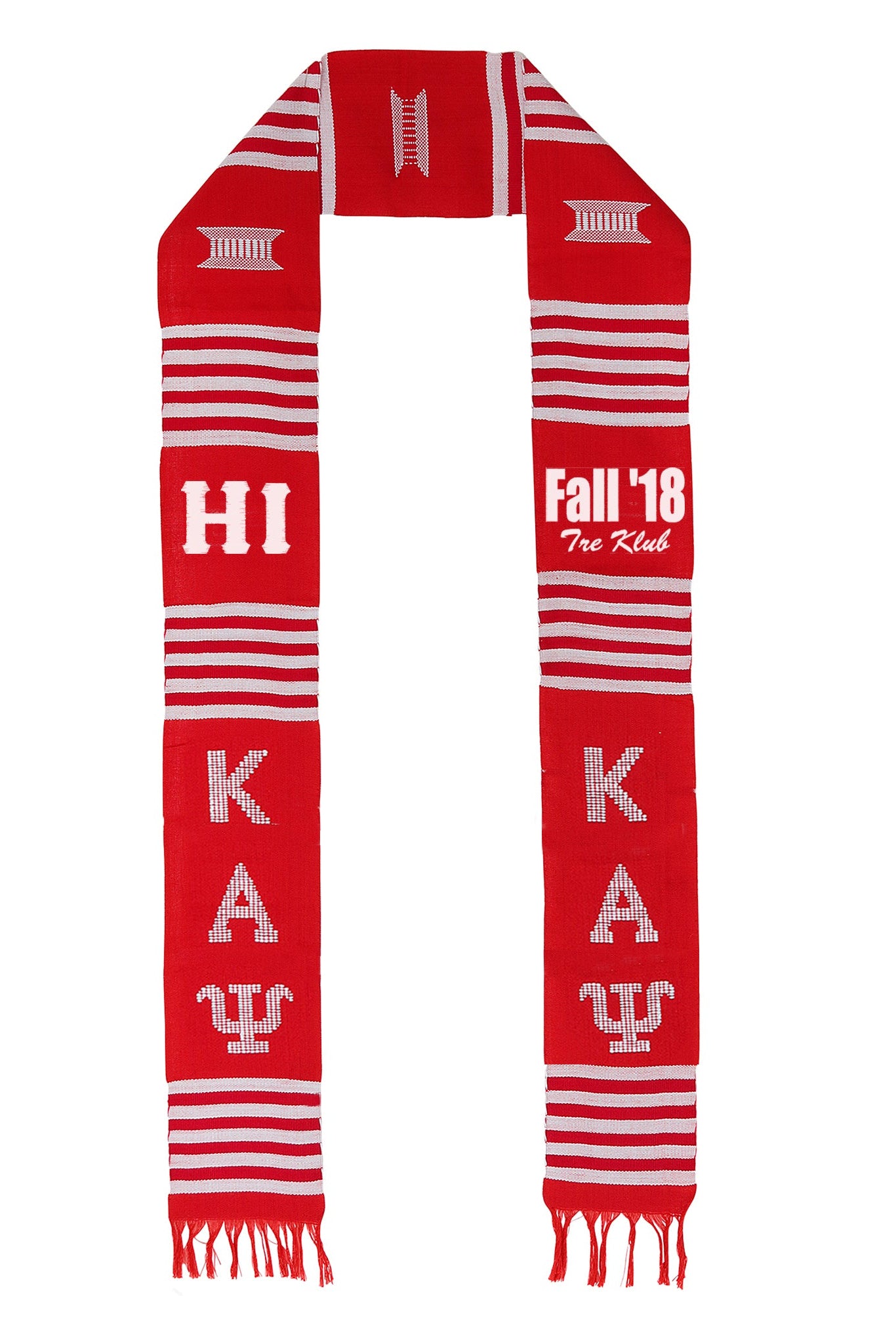 A red and white striped Kente stole with greek letters and the text 'Kappa Alpha Psi' woven in a pattern, along with the text 'Fall '19' and 'The Chi'.